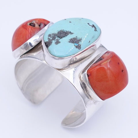 Turquoise & Coral Sterling Silver Cuff