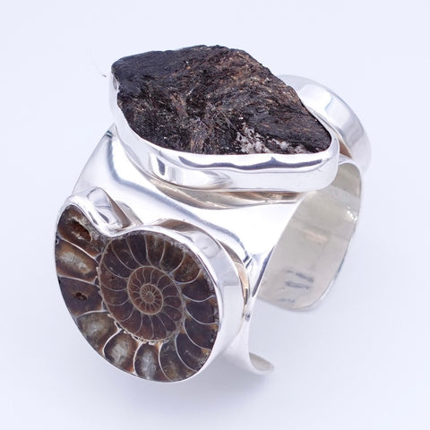 Astrophyllite & Ammonite Sterling Silver Cuff