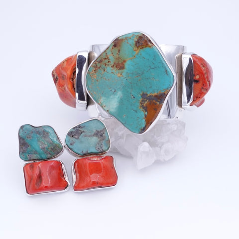 Turquoise & Coral Sterling Silver Cuff & Matching Clip Earrings