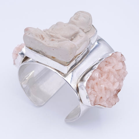 Buddha & Pink Dolomite Crystal Clusters Sterling Silver Cuff