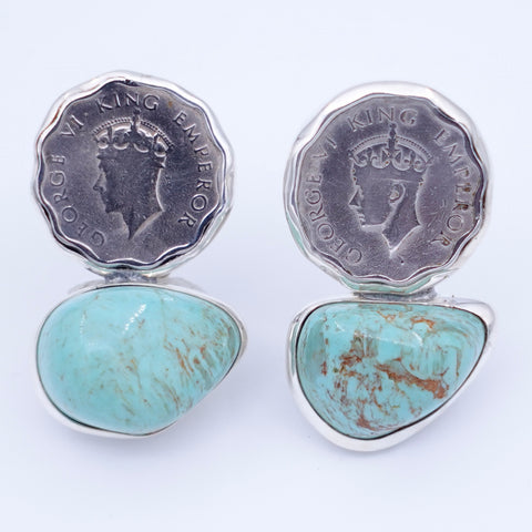 King George VI Coin & Turquoise Earrings