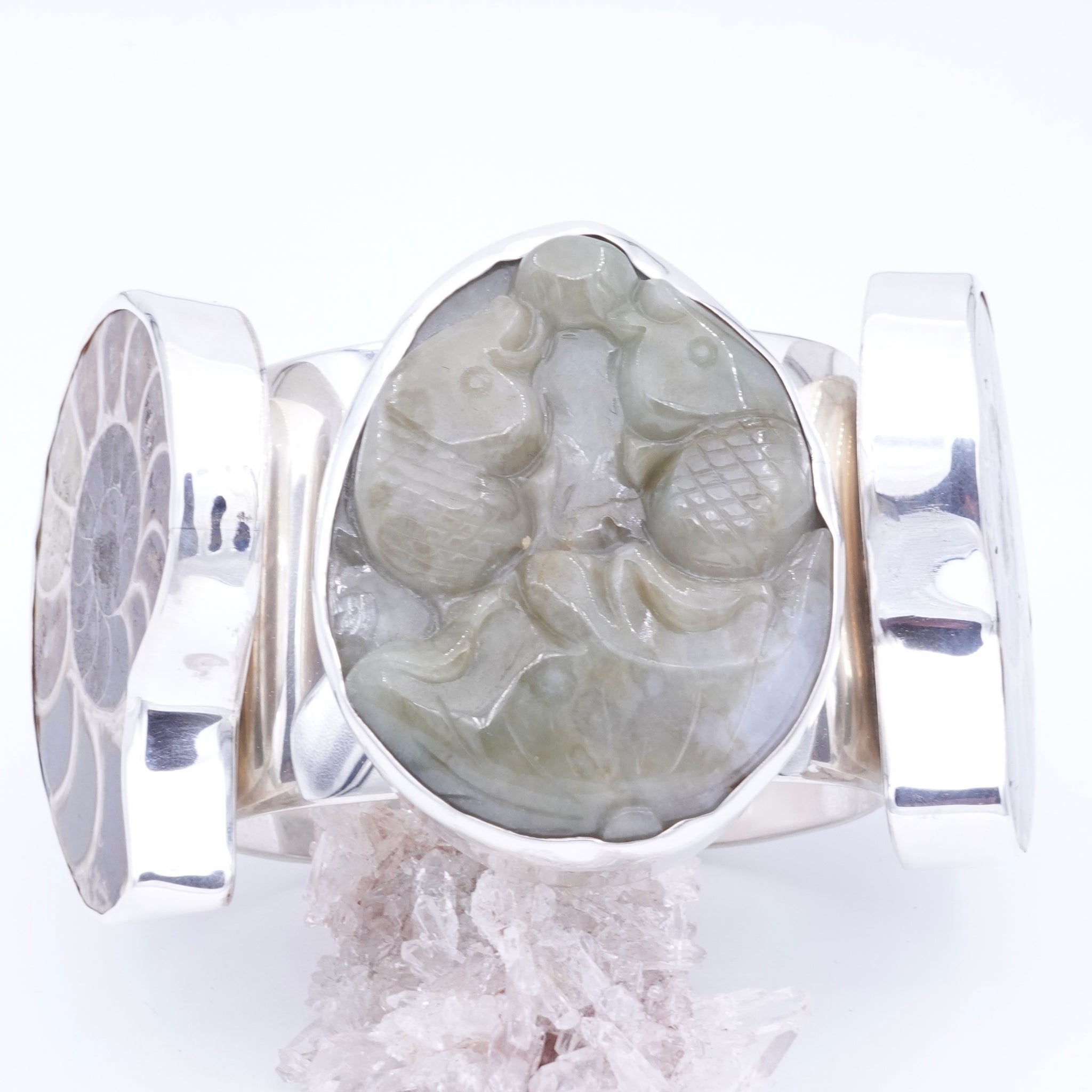 Carved Jade and Ammonites 1 1/2" Cuff
