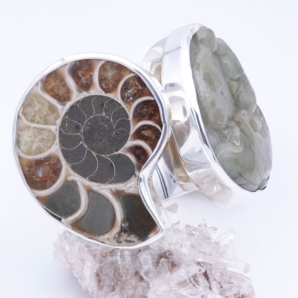 Carved Jade and Ammonites 1 1/2" Cuff